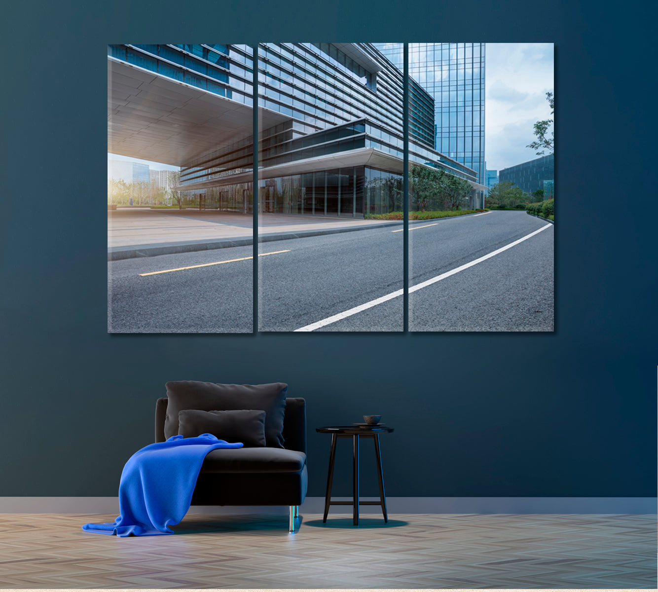 Empty Road and Office Building in Shanghai Canvas Print ArtLexy 3 Panels 36"x24" inches 