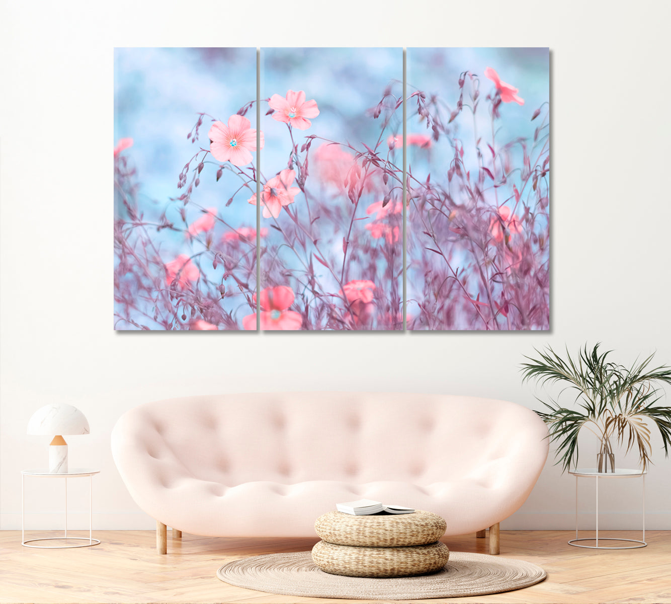 Delicate Pink Flax Flowers Canvas Print ArtLexy 3 Panels 36"x24" inches 
