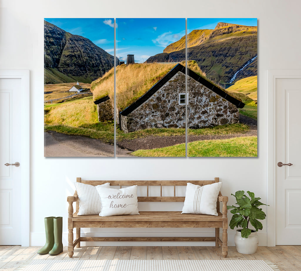 Saksun Village Faroe Islands Canvas Print ArtLexy 3 Panels 36"x24" inches 