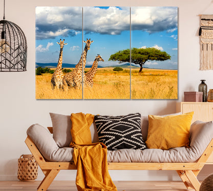 Giraffe in African Savanna Canvas Print ArtLexy 3 Panels 36"x24" inches 