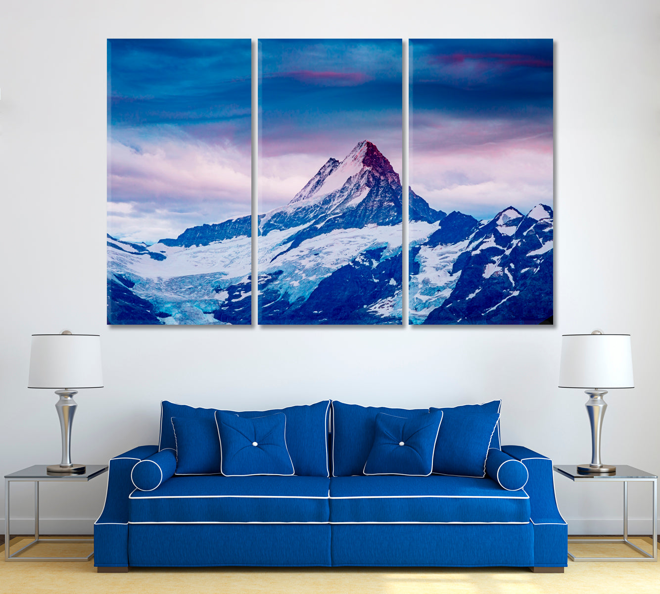 Snowy Mountains in Swiss Alps Canvas Print ArtLexy 3 Panels 36"x24" inches 