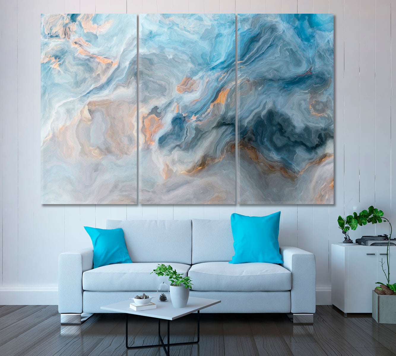 Abstract Blue Marble Waves Canvas Print ArtLexy 3 Panels 36"x24" inches 