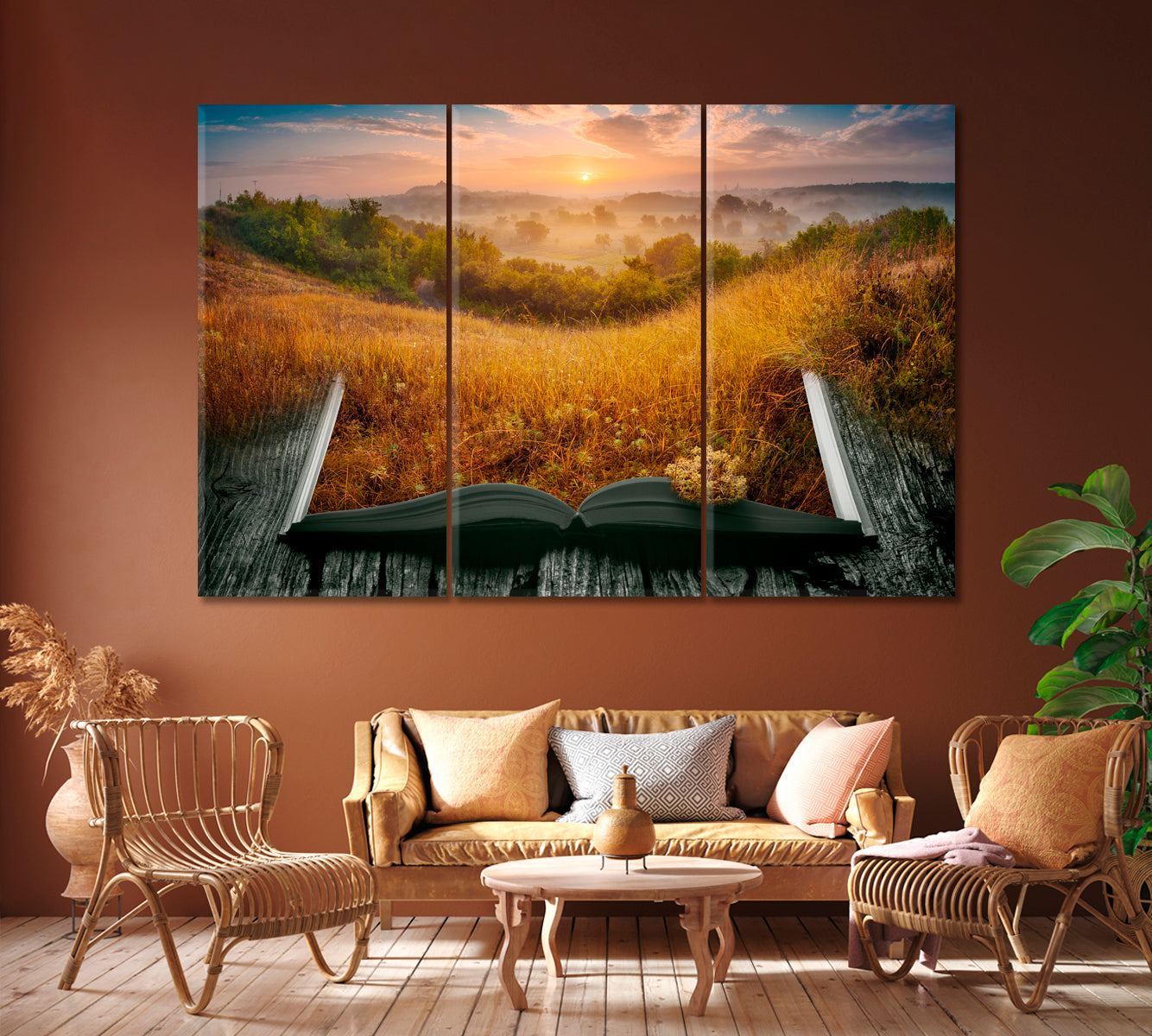 Summer Misty Valley on Pages of Magical Book Canvas Print ArtLexy 3 Panels 36"x24" inches 