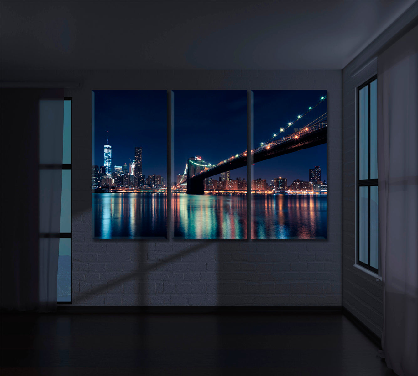 Brooklyn Bridge at Night NYC Canvas Print ArtLexy 3 Panels 36"x24" inches 
