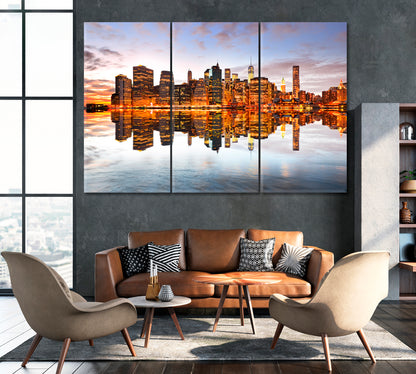 Manhattan Skyline Reflection at Twilight Canvas Print ArtLexy 3 Panels 36"x24" inches 