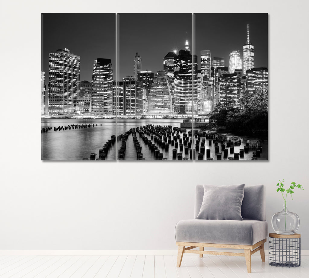 Manhattan Skyline with Abandoned Pier New York City Canvas Print ArtLexy 3 Panels 36"x24" inches 