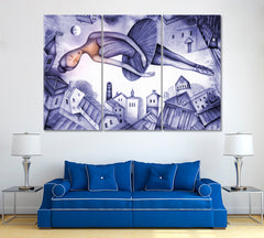 Ballerina over City in Cubism Style Canvas Print ArtLexy 3 Panels 36"x24" inches 