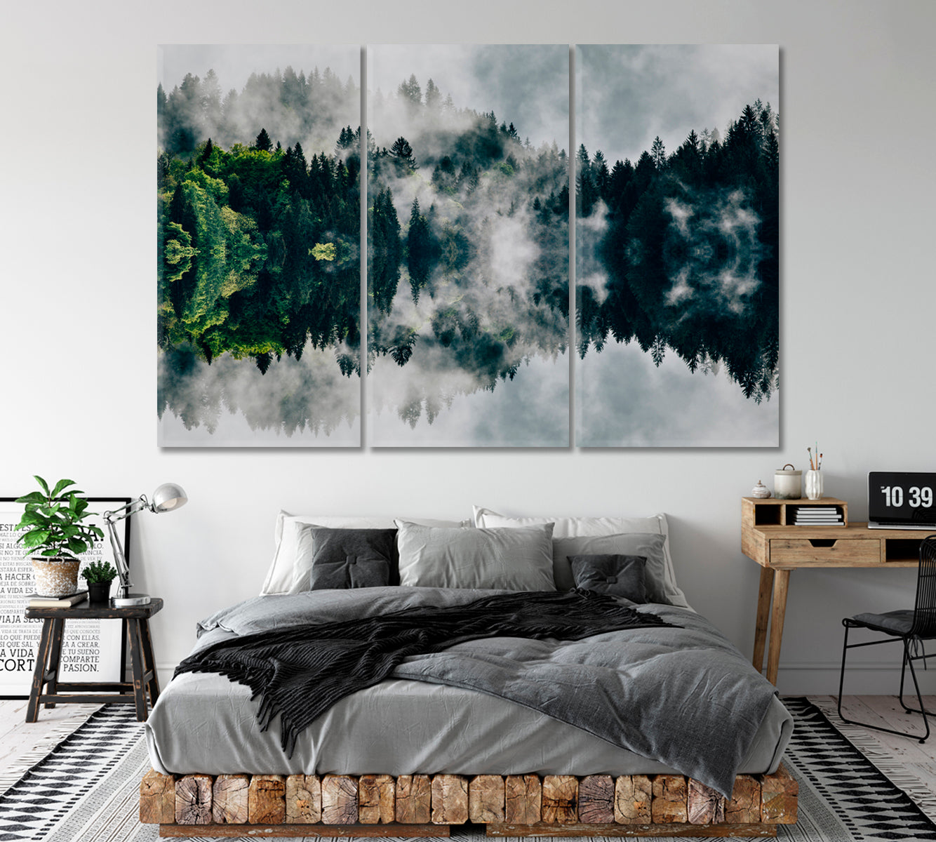 Amazing Foggy Forest Reflection in Lake Canvas Print ArtLexy 3 Panels 36"x24" inches 