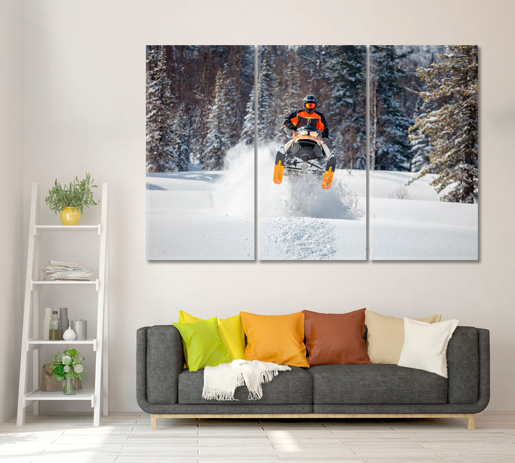 Sportsman on Snowmobile in Winter Forest Canvas Print ArtLexy 3 Panels 36"x24" inches 