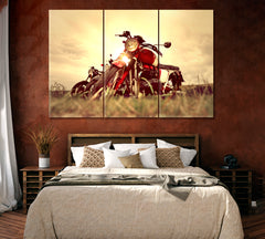 Vintage Motorcycles Parking on Grass Canvas Print ArtLexy 3 Panels 36"x24" inches 