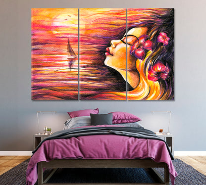 Girl with Lilies in Hair Canvas Print ArtLexy 3 Panels 36"x24" inches 