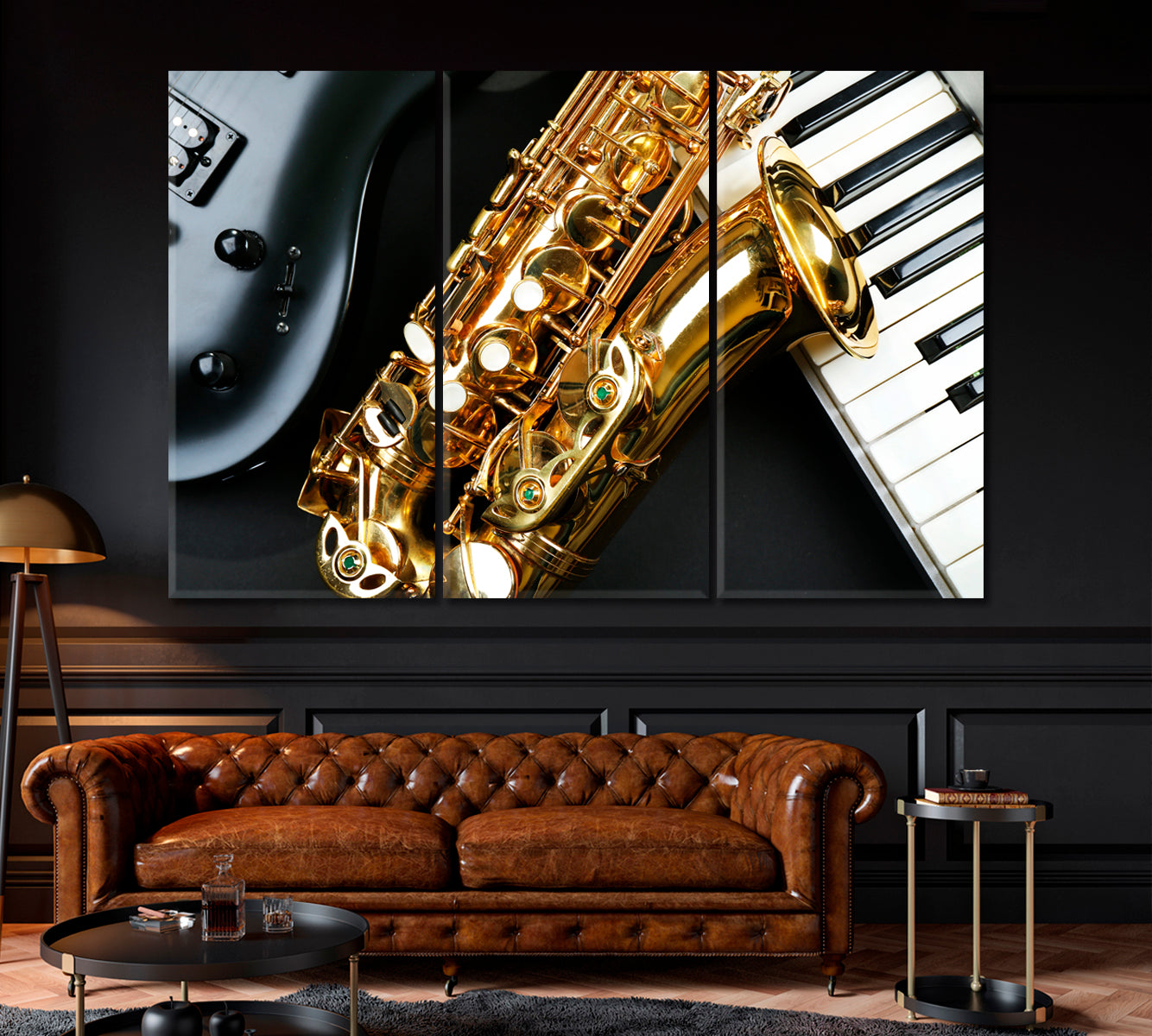 Electric Guitar with Saxophone and Piano Keys Canvas Print ArtLexy 3 Panels 36"x24" inches 