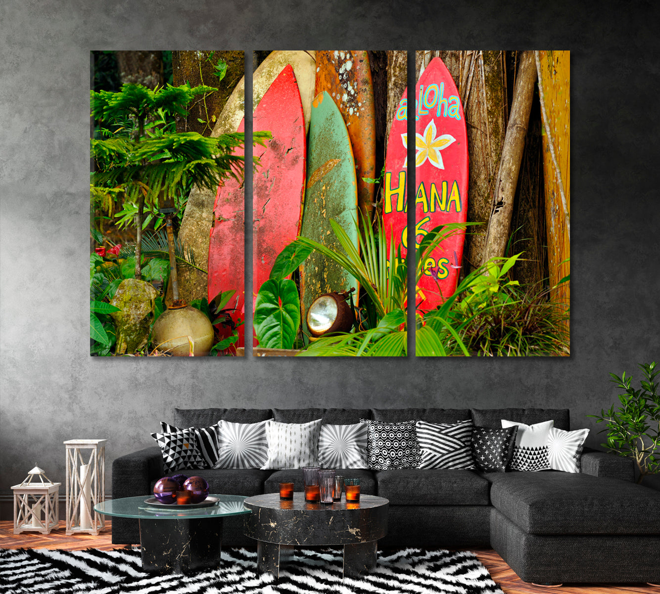 Old Surfboards On Hawaii Canvas Print ArtLexy 3 Panels 36"x24" inches 