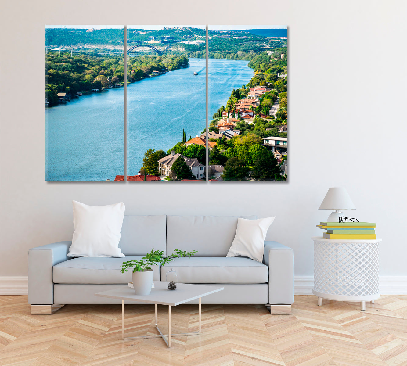 Colorado River with Mount Bonnell Austin Texas Canvas Print ArtLexy 3 Panels 36"x24" inches 