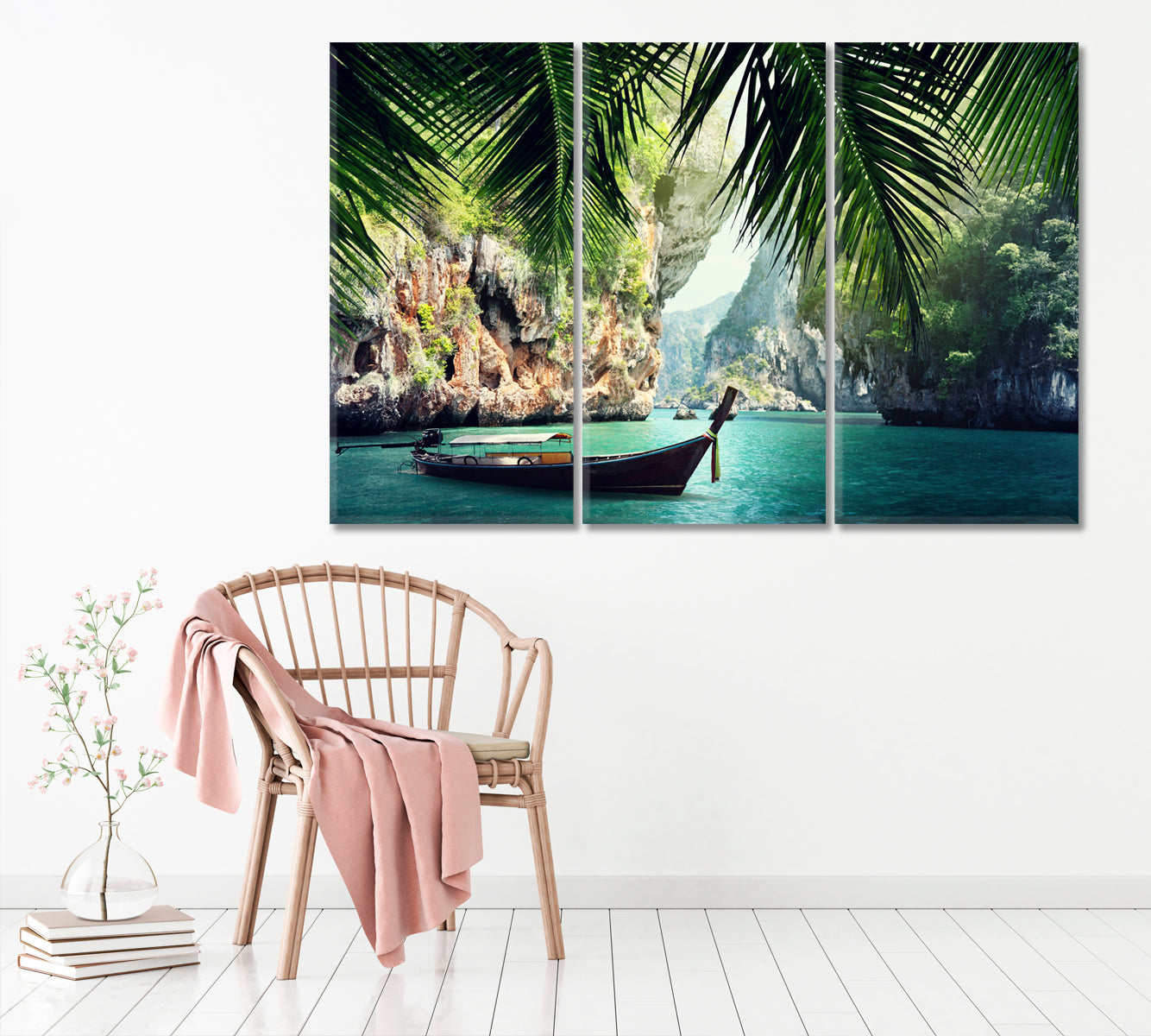 Boat on Krabi Beach Thailand Canvas Print ArtLexy 3 Panels 36"x24" inches 