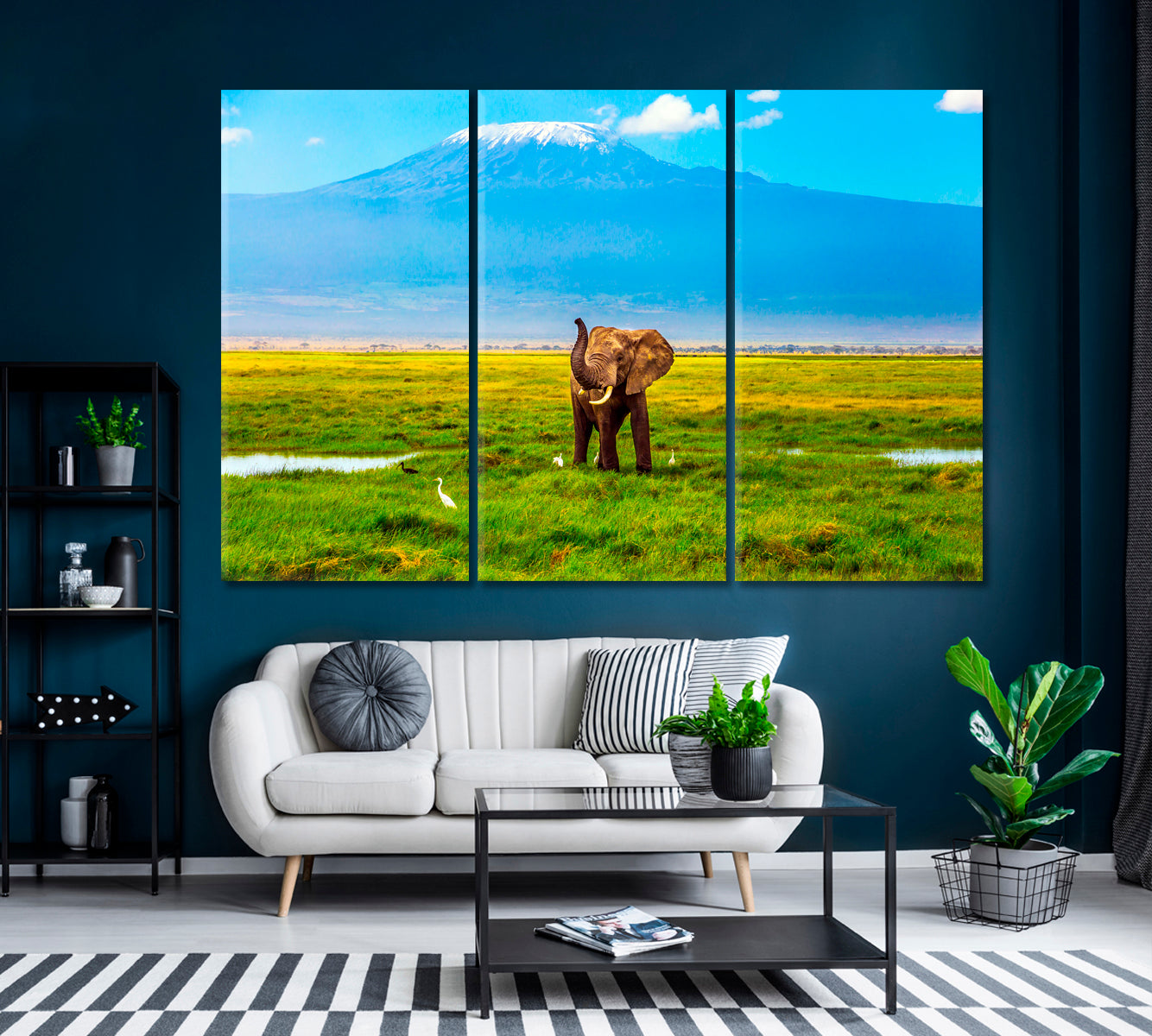 African Elephant and Mount Kilimanjaro Kenya Canvas Print ArtLexy 3 Panels 36"x24" inches 
