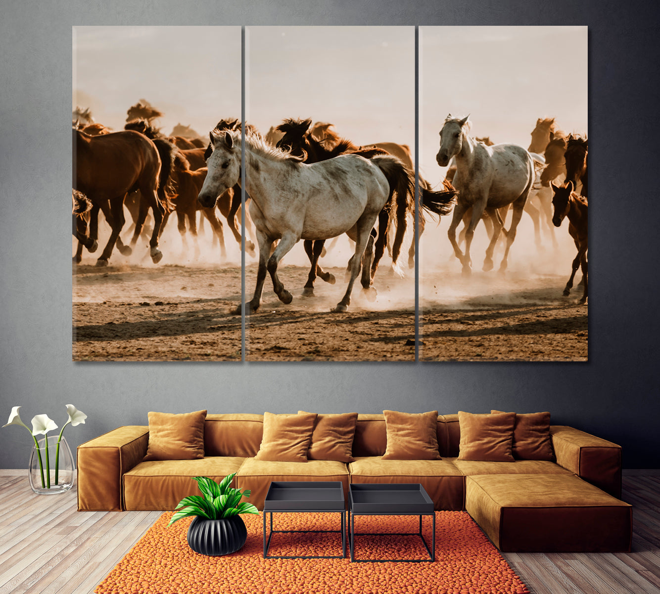 Wild Horses in Cappadocia Turkey Canvas Print ArtLexy 3 Panels 36"x24" inches 