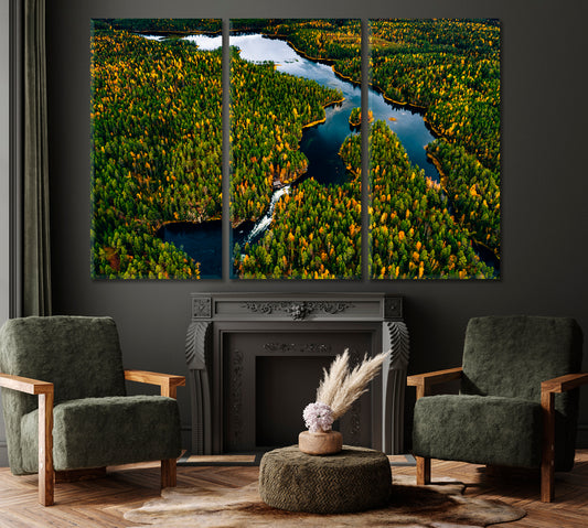 Beautiful Autumn Forest Oulanka National Park Finland Canvas Print ArtLexy 3 Panels 36"x24" inches 