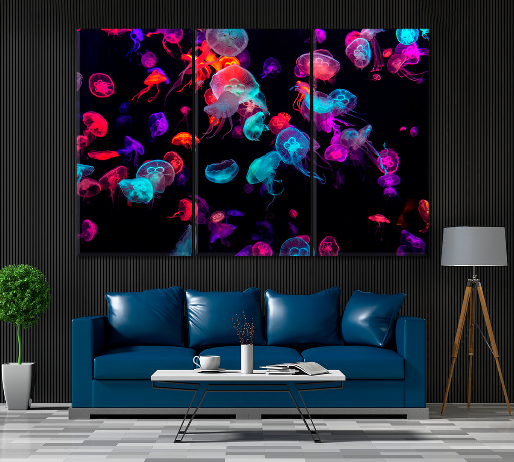 Colorful Jellyfish Underwater Canvas Print ArtLexy 3 Panels 36"x24" inches 