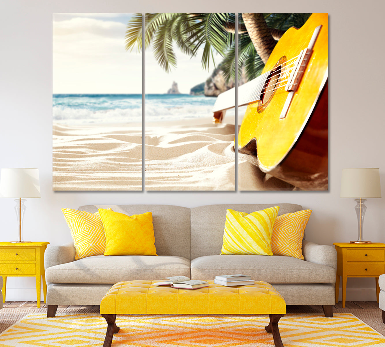 Guitar on the Sand Beach Canvas Print ArtLexy 3 Panels 36"x24" inches 