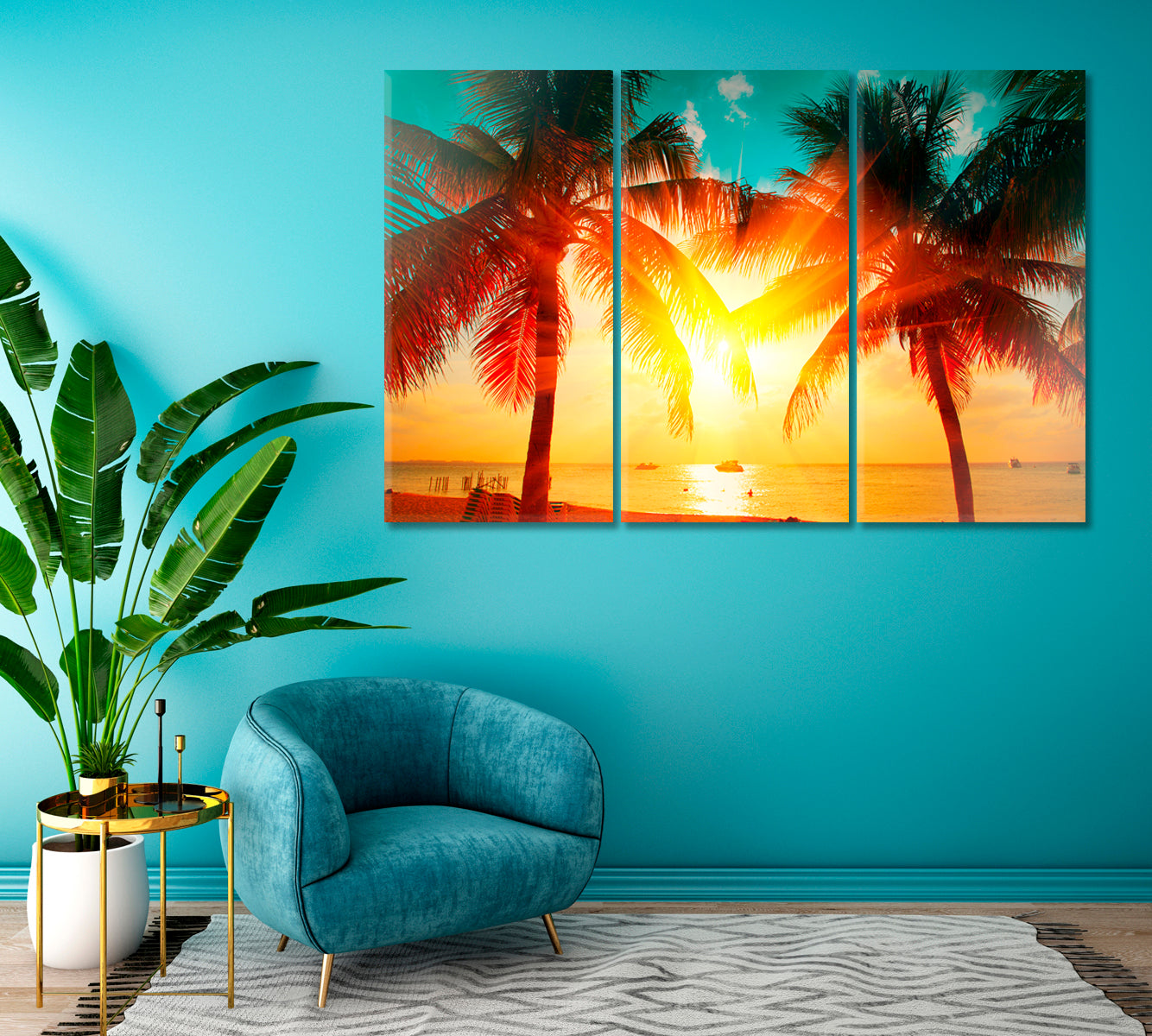 Coconut Palms Trees at Sunset Mexico Canvas Print ArtLexy 3 Panels 36"x24" inches 
