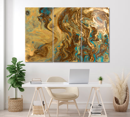 Abstract Gold Marble Swirl Canvas Print ArtLexy 3 Panels 36"x24" inches 