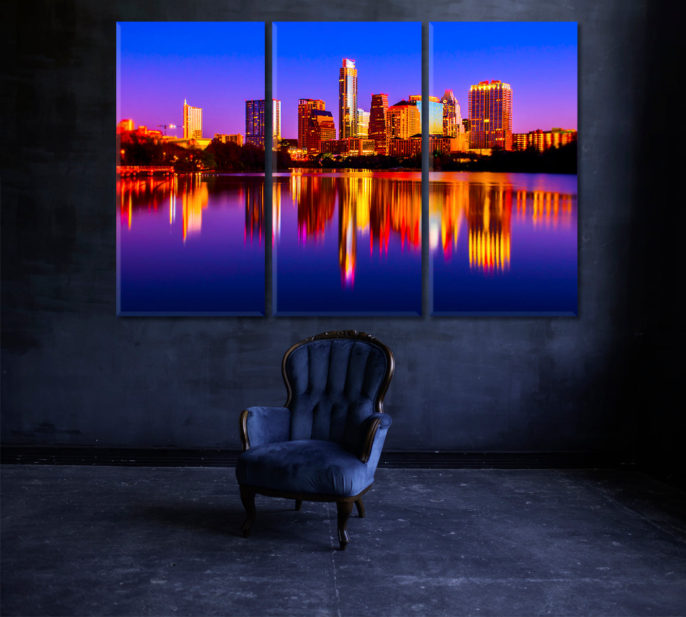 Reflections Of City Lights At Night Austin Texas Canvas Print ArtLexy 3 Panels 36"x24" inches 