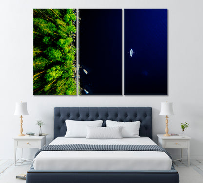 Blue Lake with Fishing Boat and Forests Finland Canvas Print ArtLexy 3 Panels 36"x24" inches 