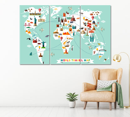 World Map with Animals and Landmarks Canvas Print ArtLexy 3 Panels 36"x24" inches 