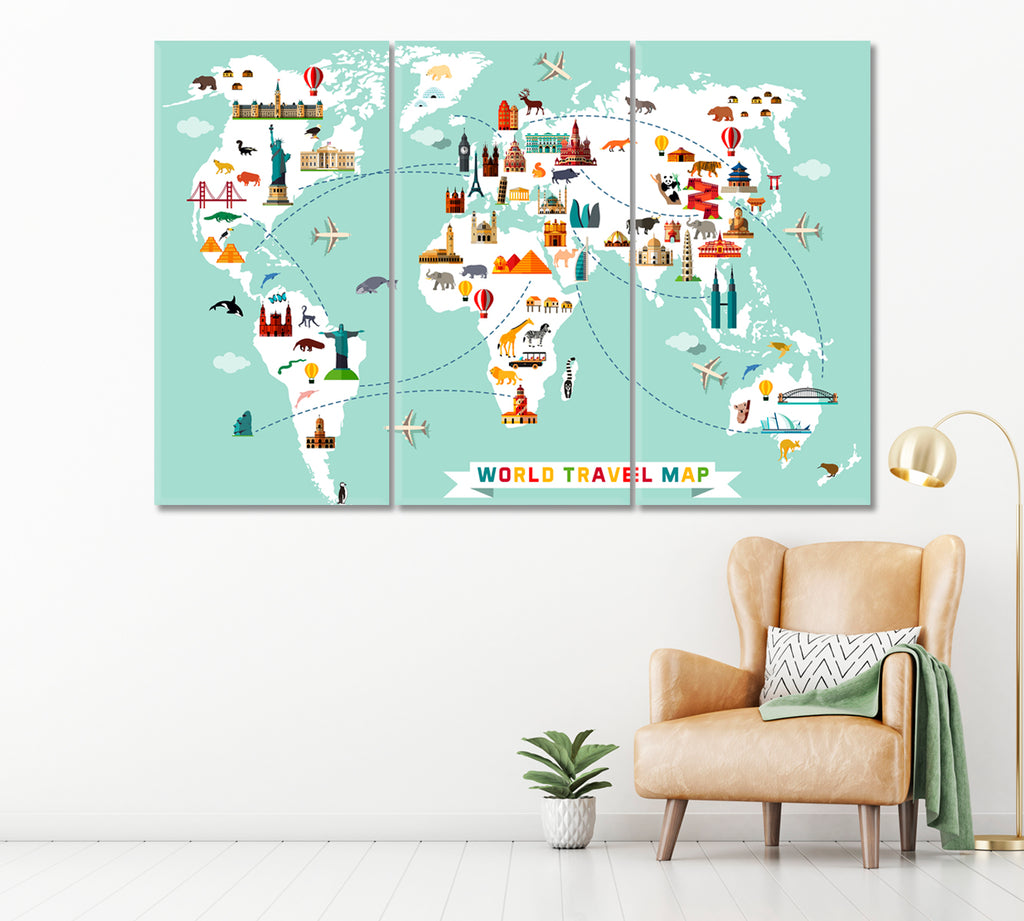 World Map with Animals and Landmarks Canvas Print ArtLexy 3 Panels 36"x24" inches 