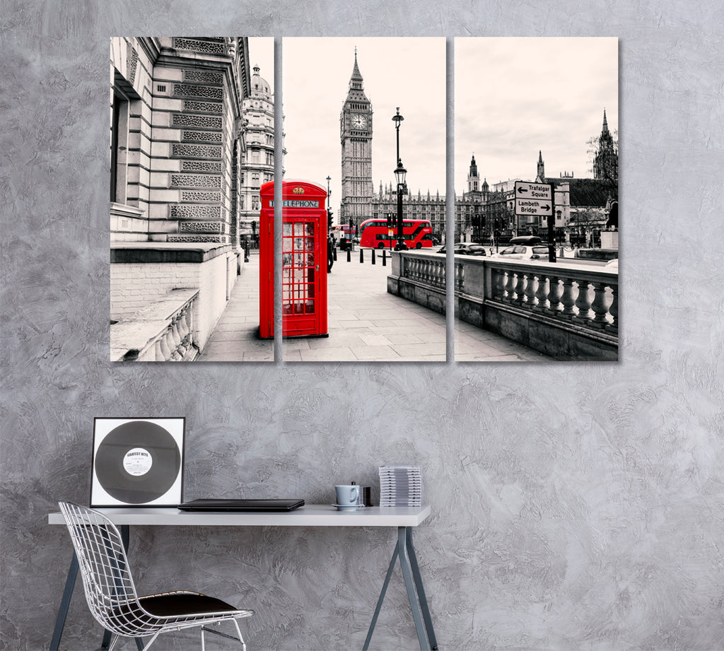 Red Phone Booth in London with Big Ben Canvas Print ArtLexy 3 Panels 36"x24" inches 