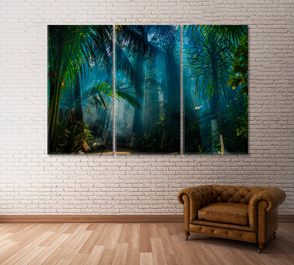 Palm Trees in Jungle with Sun Rays Canvas Print ArtLexy 3 Panels 36"x24" inches 