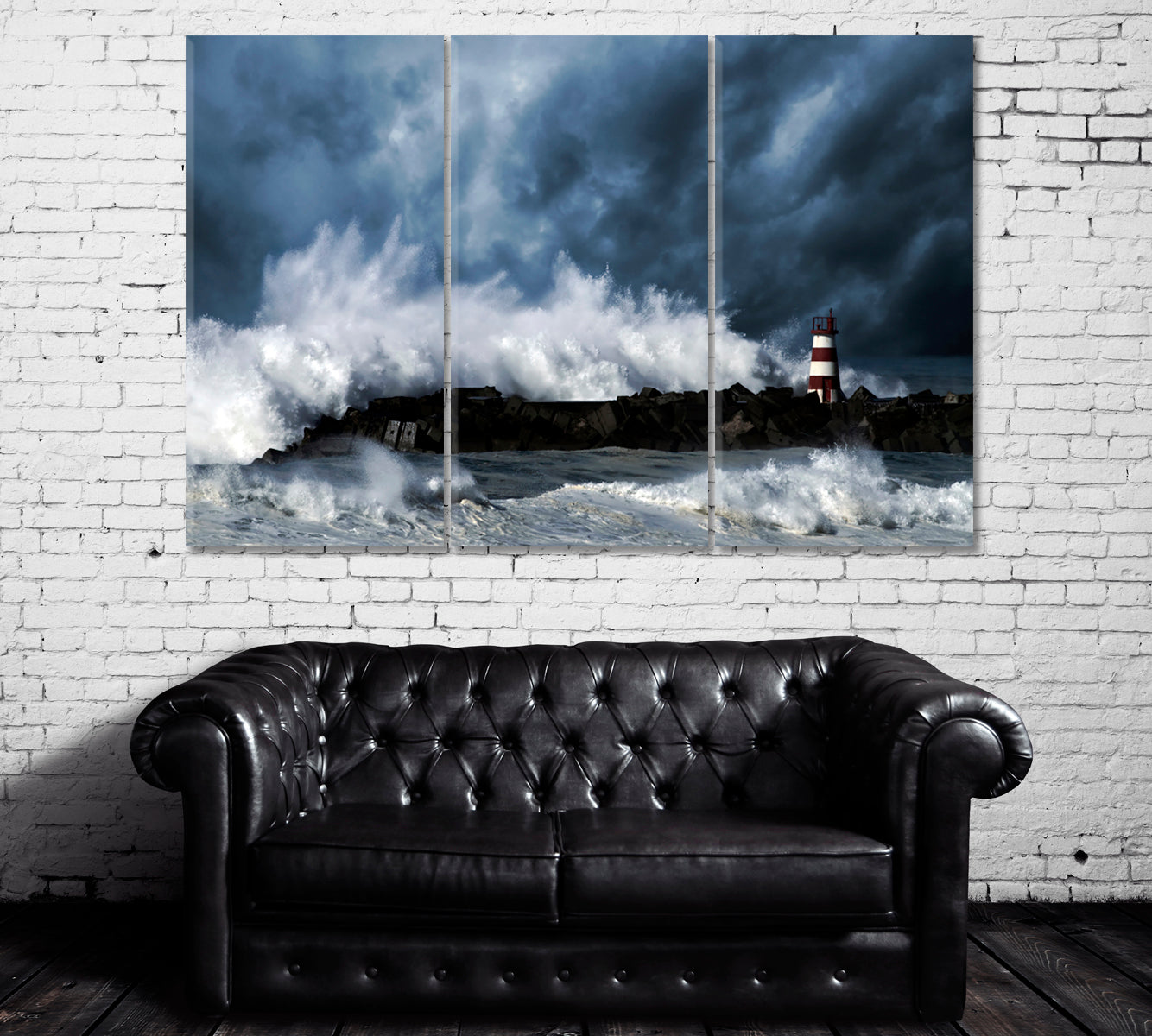 Storm Waves over Lighthouse Povoa do Varzim Portugal Canvas Print ArtLexy 3 Panels 36"x24" inches 