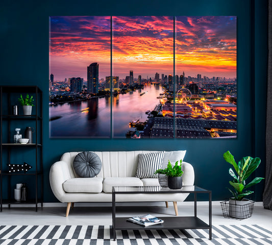 Bangkok Cityscape at Dusk Canvas Print ArtLexy 3 Panels 36"x24" inches 