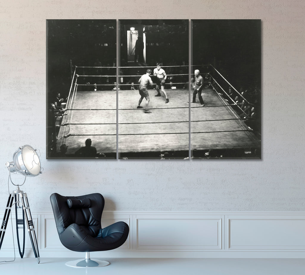 Retro Snapshot of Boxing Ring with Boxers Canvas Print ArtLexy 3 Panels 36"x24" inches 