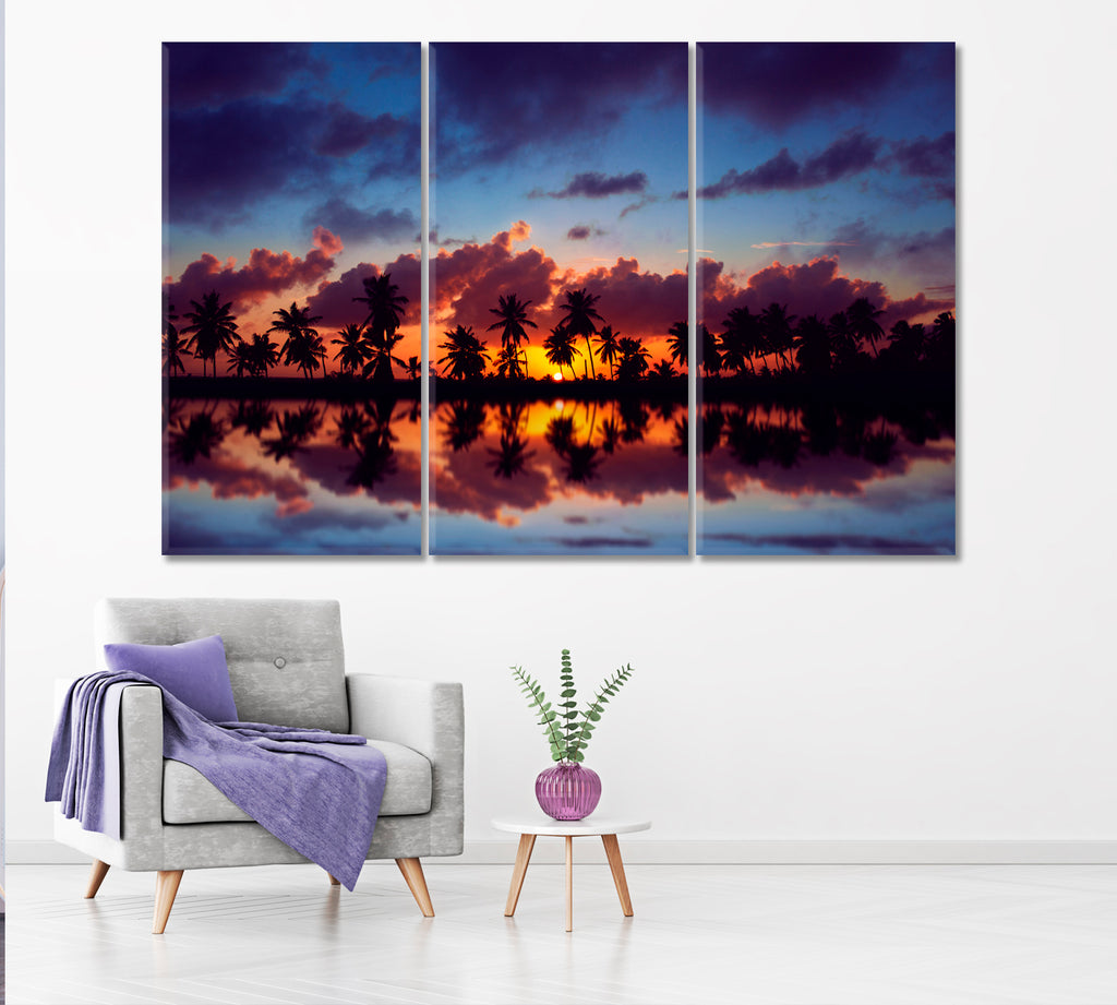 Palm Trees Silhouette at Sunset Canvas Print ArtLexy 3 Panels 36"x24" inches 