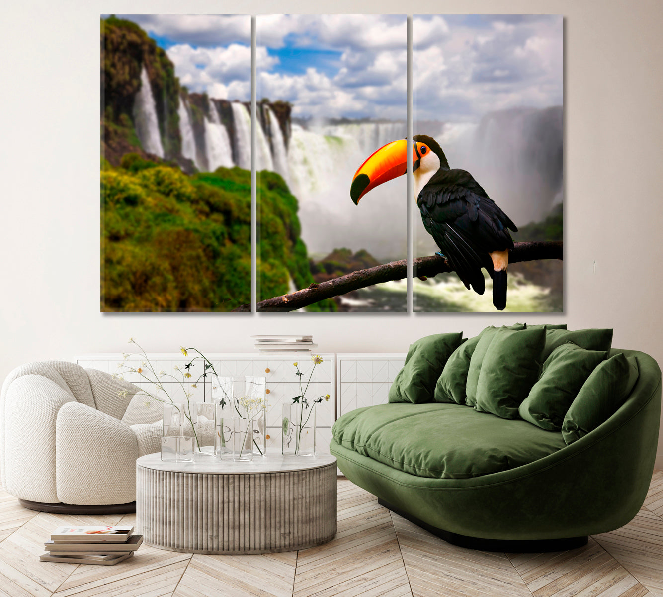 Beautiful Toucan at Iguazu Falls Brazil Canvas Print ArtLexy 3 Panels 36"x24" inches 