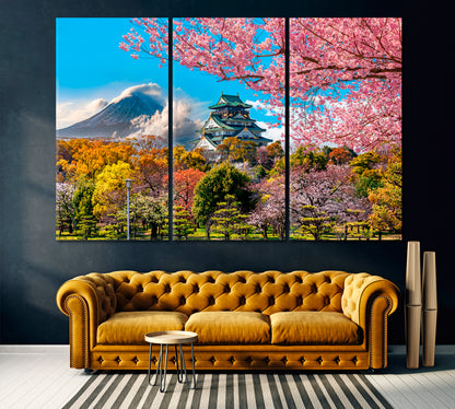 Osaka Castle with Fuji Mountain Japan Canvas Print ArtLexy 3 Panels 36"x24" inches 