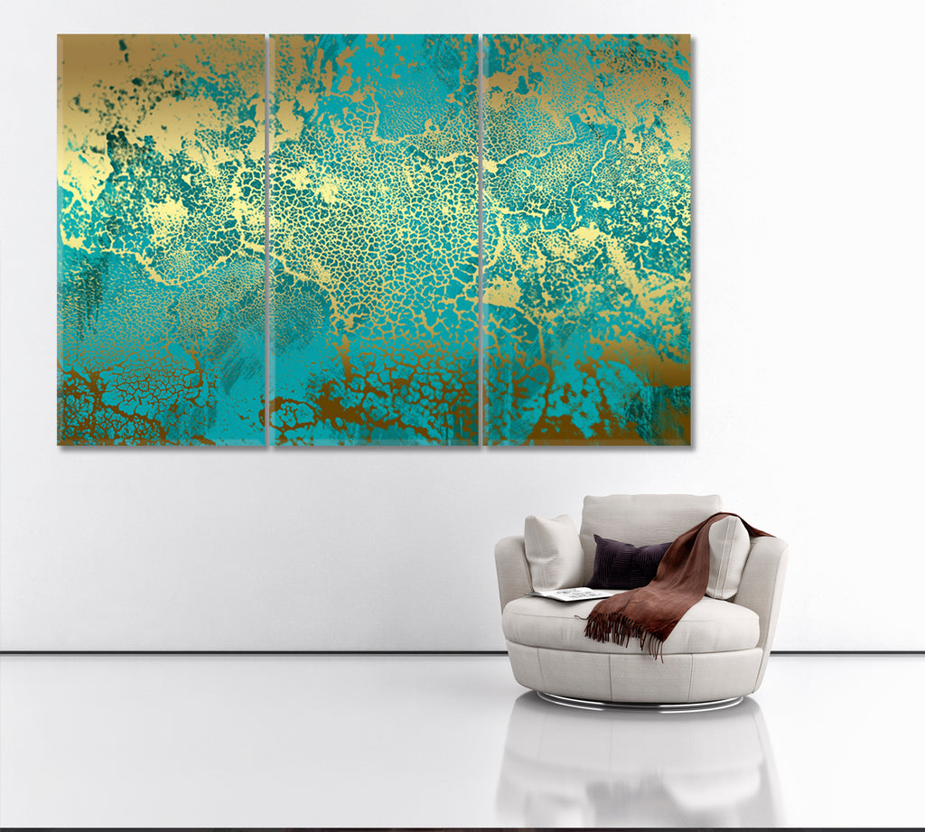Golden Green Abstract Painting Canvas Print ArtLexy 3 Panels 36"x24" inches 