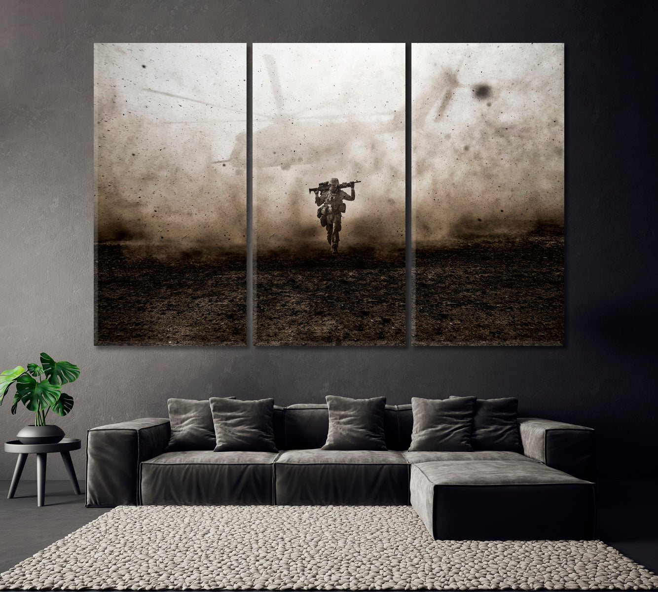 Helicopter Behind American Soldier Canvas Print ArtLexy 3 Panels 36"x24" inches 