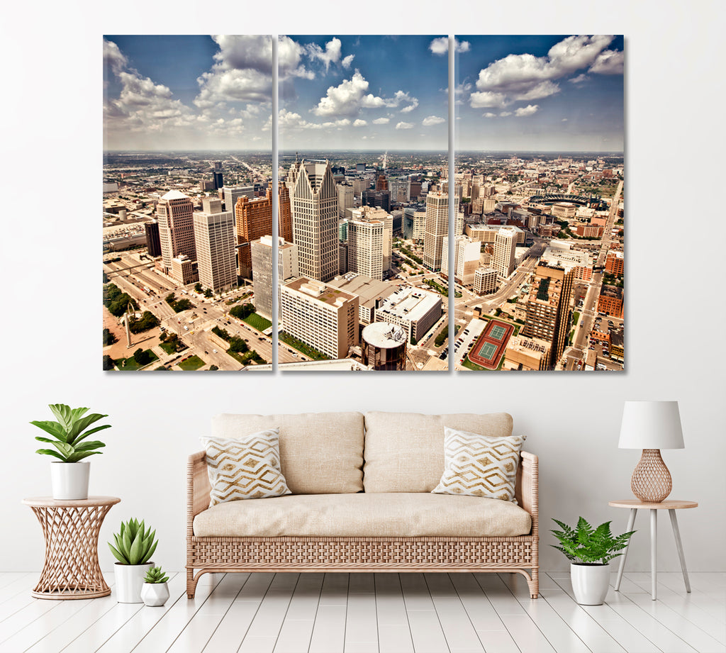Downtown Detroit Skyline Canvas Print ArtLexy 3 Panels 36"x24" inches 