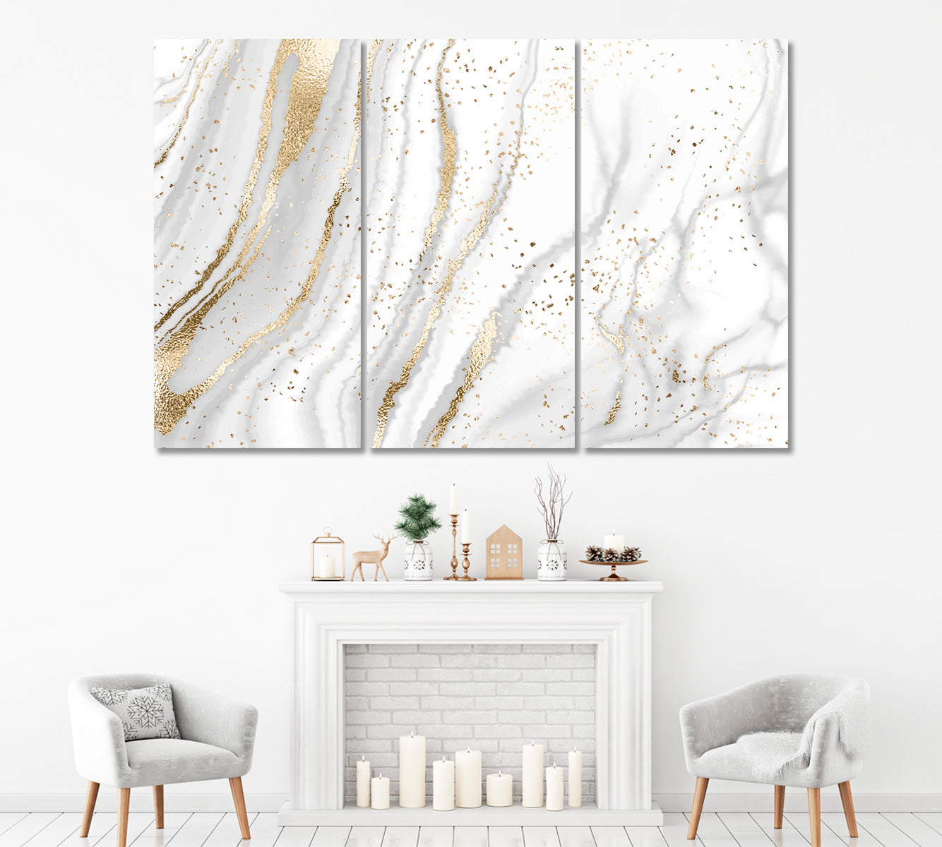Minimalist White Marble with Gold Veins Canvas Print ArtLexy 3 Panels 36"x24" inches 