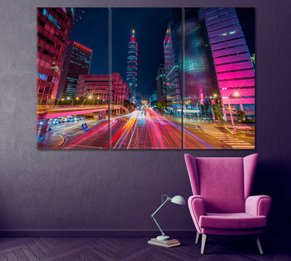 Taipei Cityscape at Night Taiwan Canvas Print ArtLexy 3 Panels 36"x24" inches 