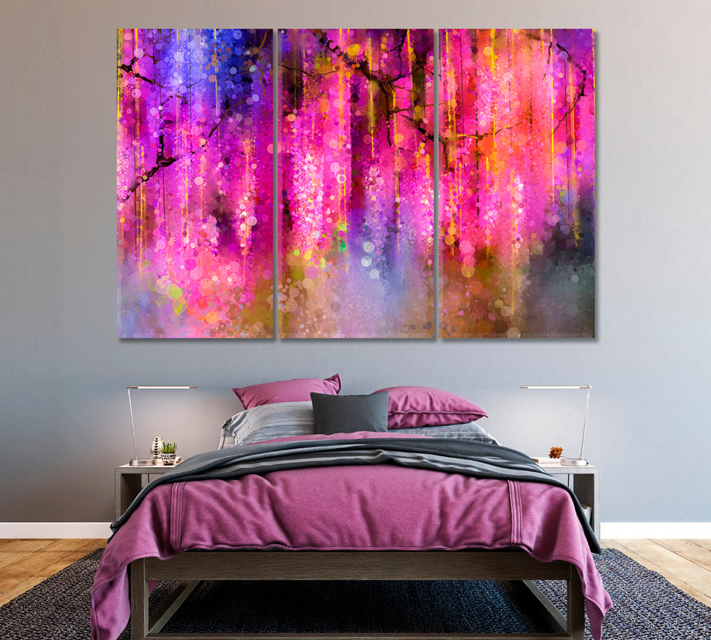 Abstract Violet Flowers Canvas Print ArtLexy 3 Panels 36"x24" inches 