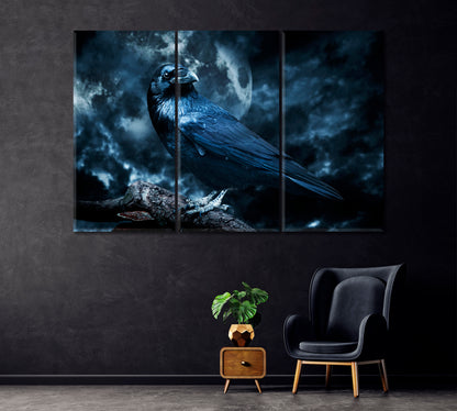Black Raven in Moonlight Canvas Print ArtLexy 3 Panels 36"x24" inches 