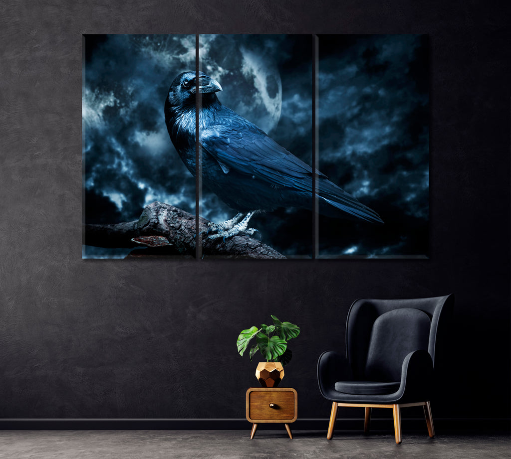 Black Raven in Moonlight Canvas Print ArtLexy 3 Panels 36"x24" inches 