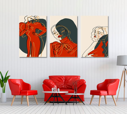 Set of 3 Abstract Line Woman Portrait in Red Dress Canvas Print ArtLexy   