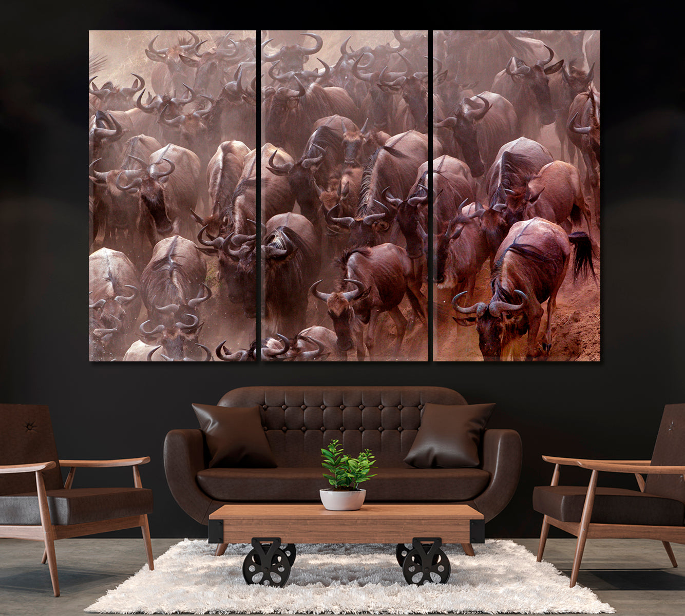 Wildebeest Crossing Mara River Kenya Canvas Print ArtLexy 3 Panels 36"x24" inches 