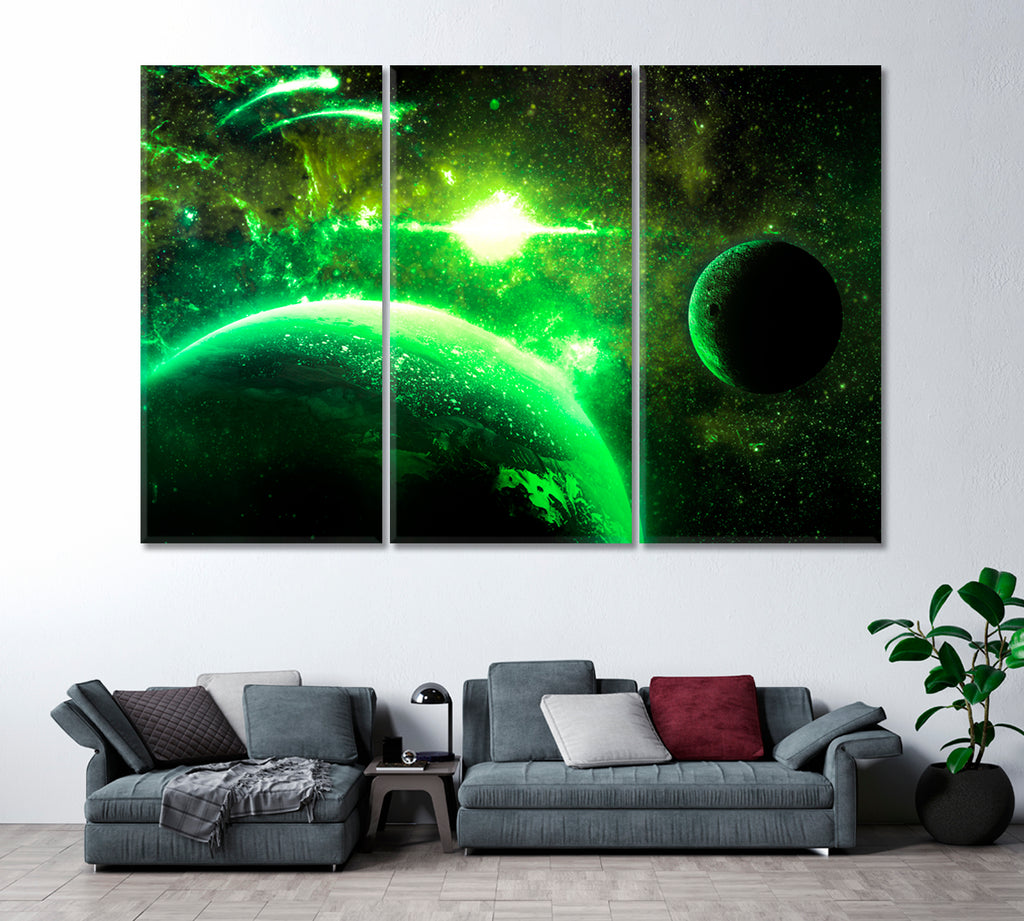 Green Planet and Moon Canvas Print ArtLexy 3 Panels 36"x24" inches 