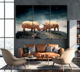 Two Rhinos Fight Canvas Print ArtLexy 3 Panels 36"x24" inches 